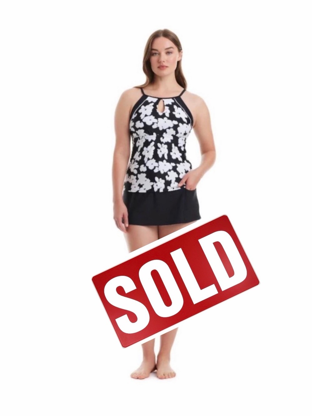 Ellen Tracy Swim Tankini Set Ladies Size XL Black & White High Neck 2 Pieces